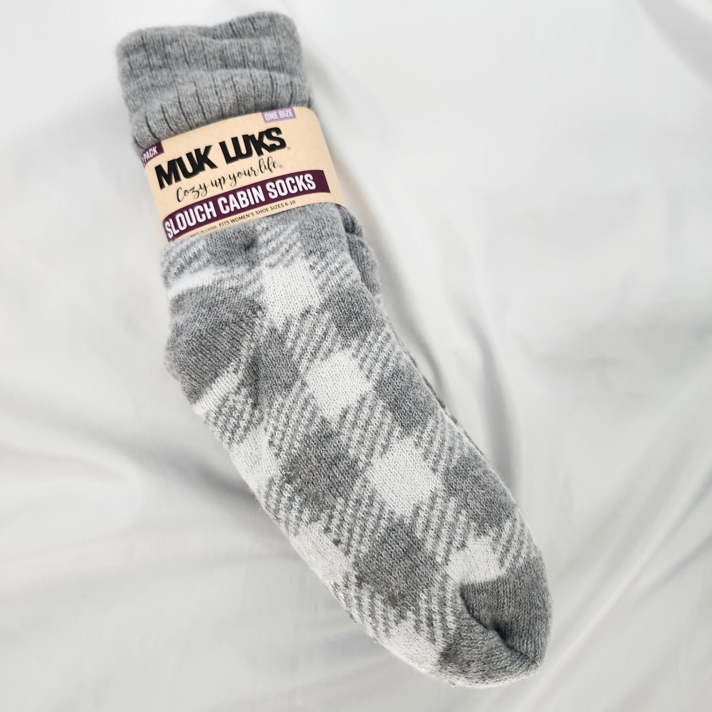 Muk‎ Luks 2 Pack Cozy Slouch Cabin Socks Womens OS (6-10) Gray Plaid Fair Isle